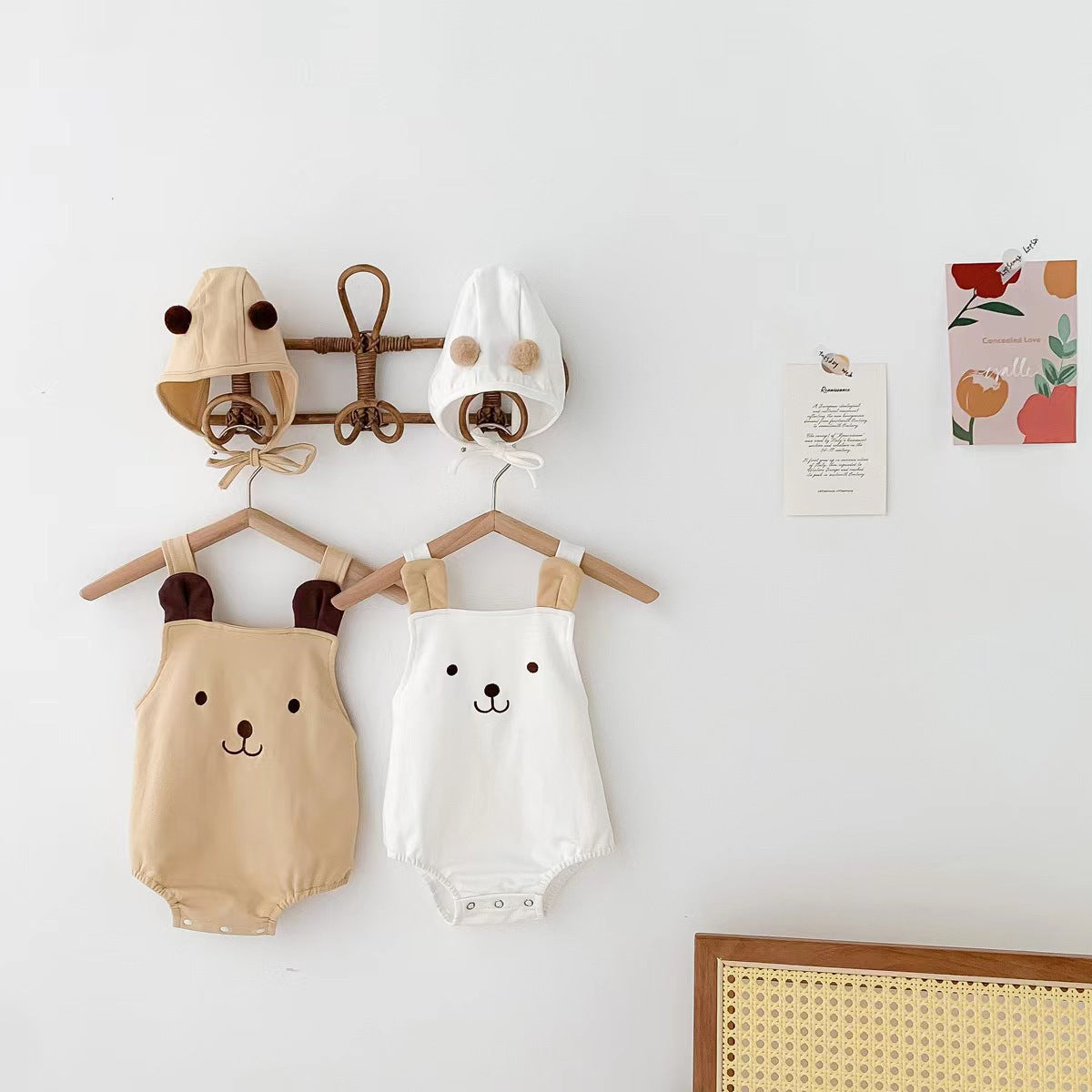 060608AY 夏裝新款兒童背帶哈衣韓版卡通刺繡小熊男女寶寶連體衣棉帽子爬服
