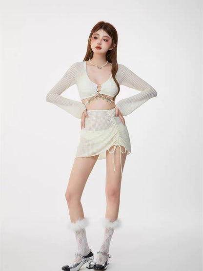 SW072803 泳衣女比基尼女性感分体四件套2024度假新款时尚罩衫保守海边泡温