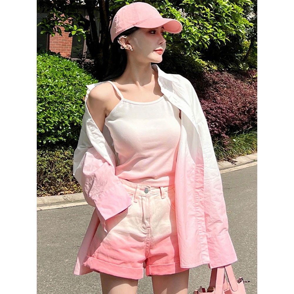 FS9202 時尚套裝女款夏季新款吊帶襯衫牛仔短褲設計感漸層粉紅三件套