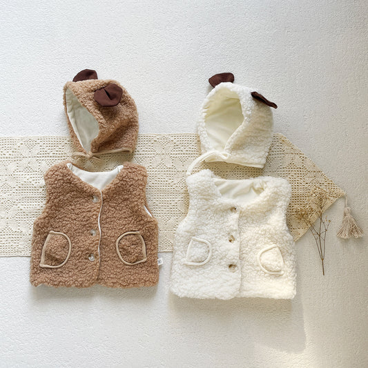 102002FA （二件起批）嬰兒秋冬款加厚羊羔毛無袖背心韓國寶寶小熊繡花馬甲小外套送帽子