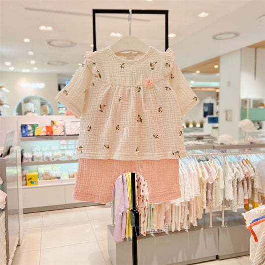 060612AS  女童套裝1-5歲夏季女童可愛花朵棉紗純棉花朵短袖上衣+大PP褲套裝