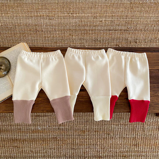 102001FB 兒童秋冬款加絨緊身褲嬰兒韓版洋氣拼接螺紋褲子新生寶寶加厚長褲