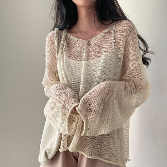 AA062101 韓國chic夏季法式複古慵懶風寬鬆長袖鏤空薄款針織防曬罩衫上衣女