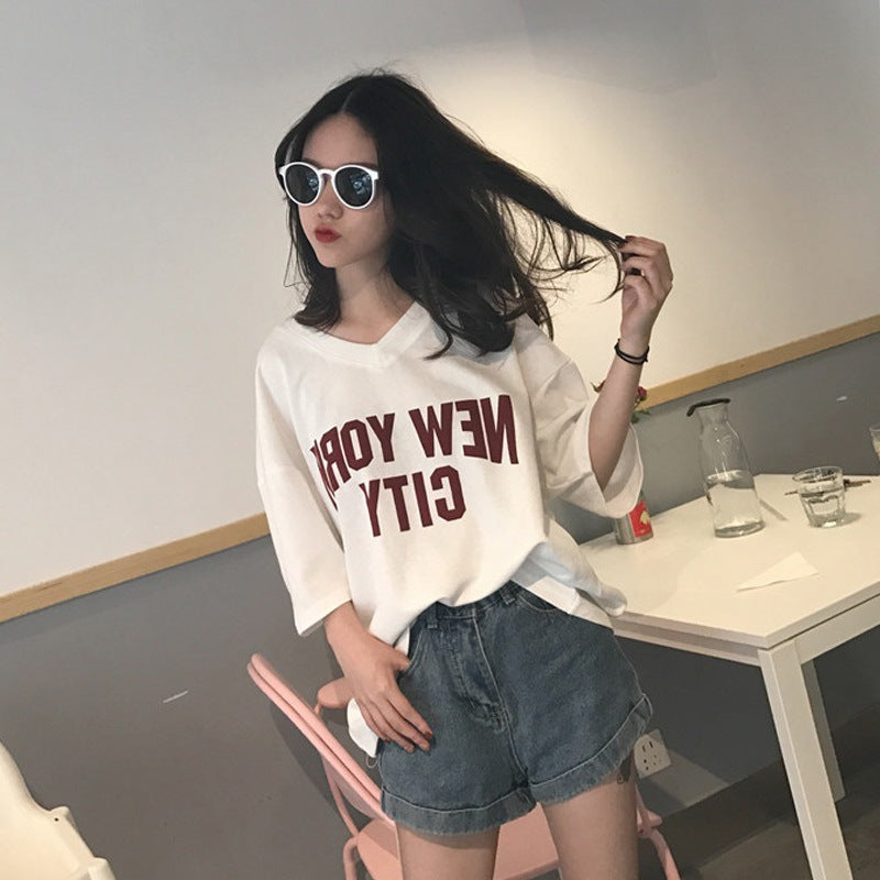 KA-031509 夏季V領新款休閒上衣短袖學生t卹大碼女裝印花韓版潮一件鋪貨