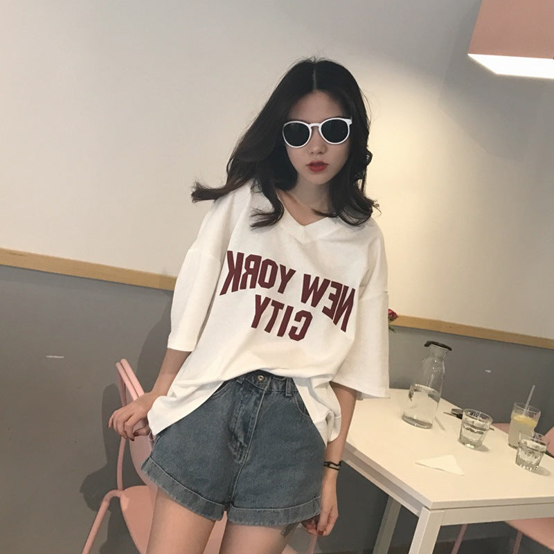 KA-031509 夏季V領新款休閒上衣短袖學生t卹大碼女裝印花韓版潮一件鋪貨