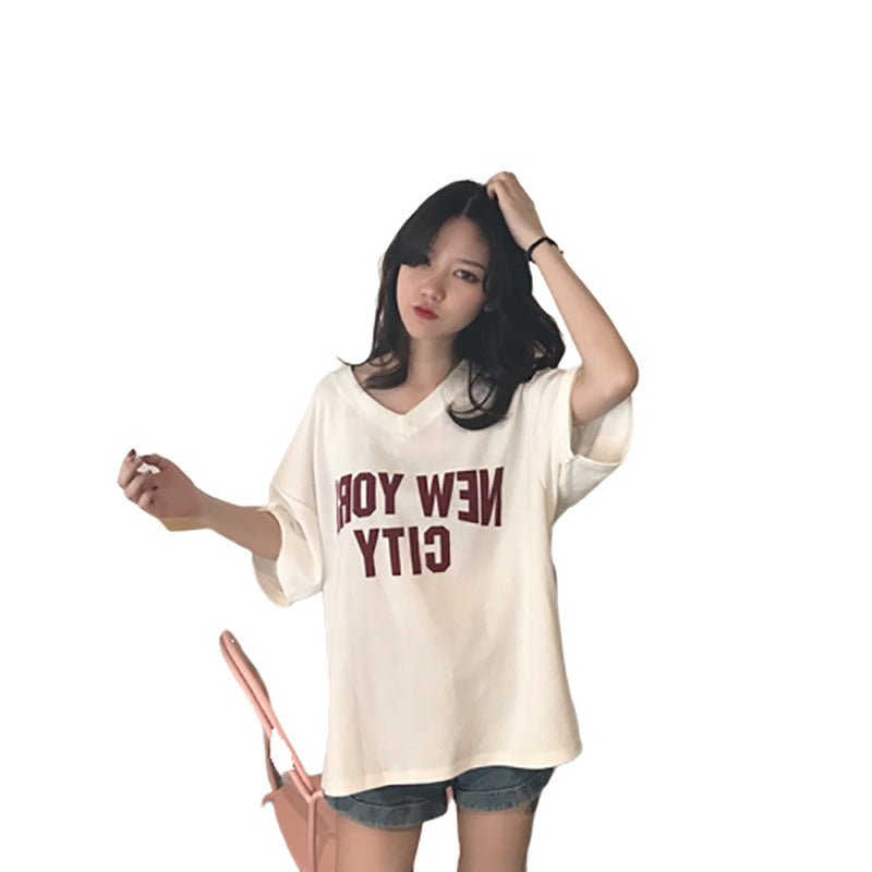 KA-031509 夏季V領新款休閒上衣短袖學生t卹大碼女裝印花韓版潮一件鋪貨