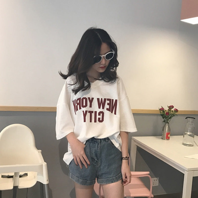 KA-031509 夏季V領新款休閒上衣短袖學生t卹大碼女裝印花韓版潮一件鋪貨
