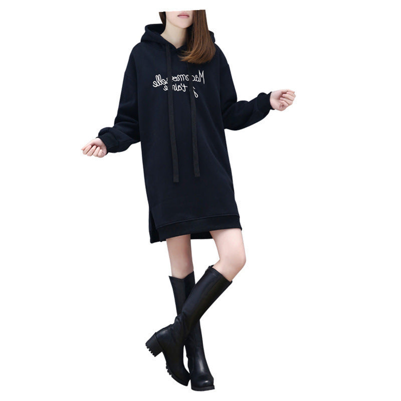 【JY-371】亞馬遜爆款女裝長袖加絨加厚女套頭中長款刺繡字母連衣裙