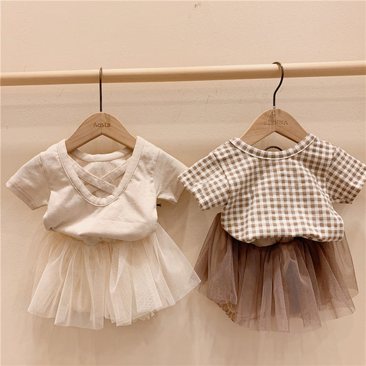 16069BA 批發韓國童裝寶寶短袖夏款女童嬰兒寶寶後背交叉格子純色短袖上衣 一件代發