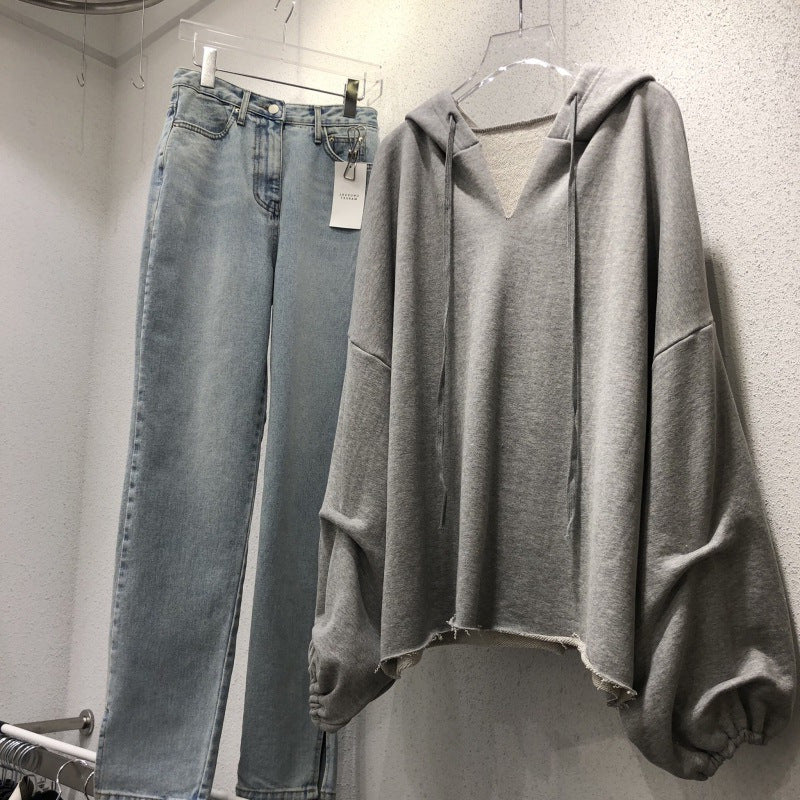 【KA-5559】棉衛衣女連帽春秋新款薄款寬鬆韓版純色V領學生上衣女裝一件代發