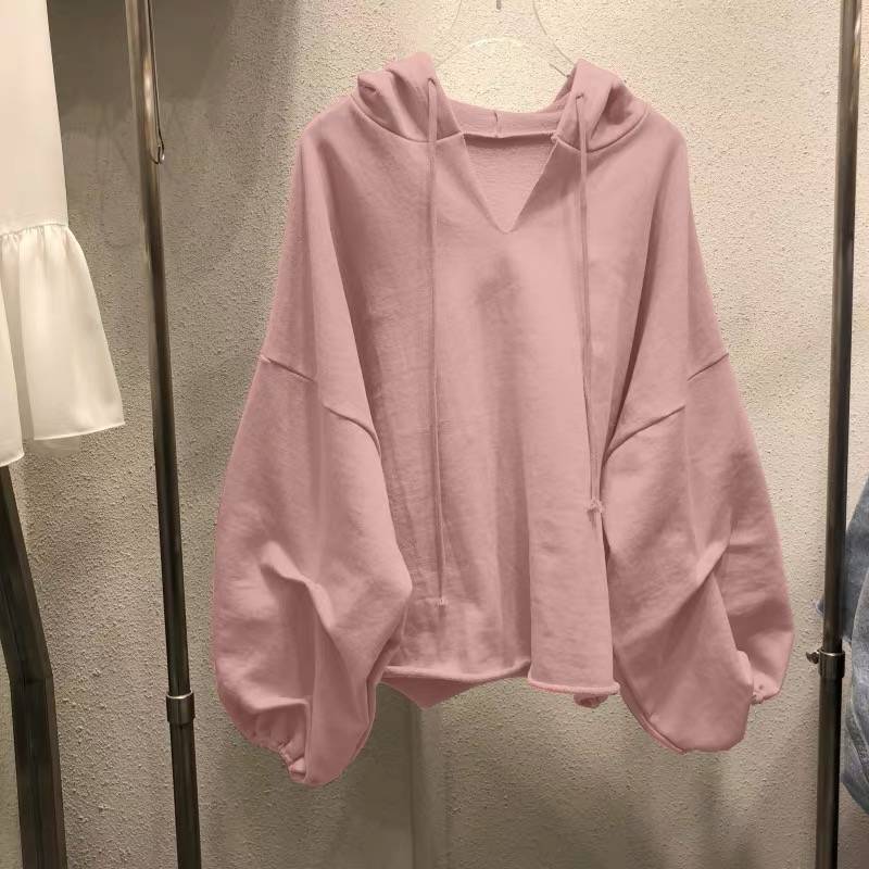 【KA-5559】棉衛衣女連帽春秋新款薄款寬鬆韓版純色V領學生上衣女裝一件代發