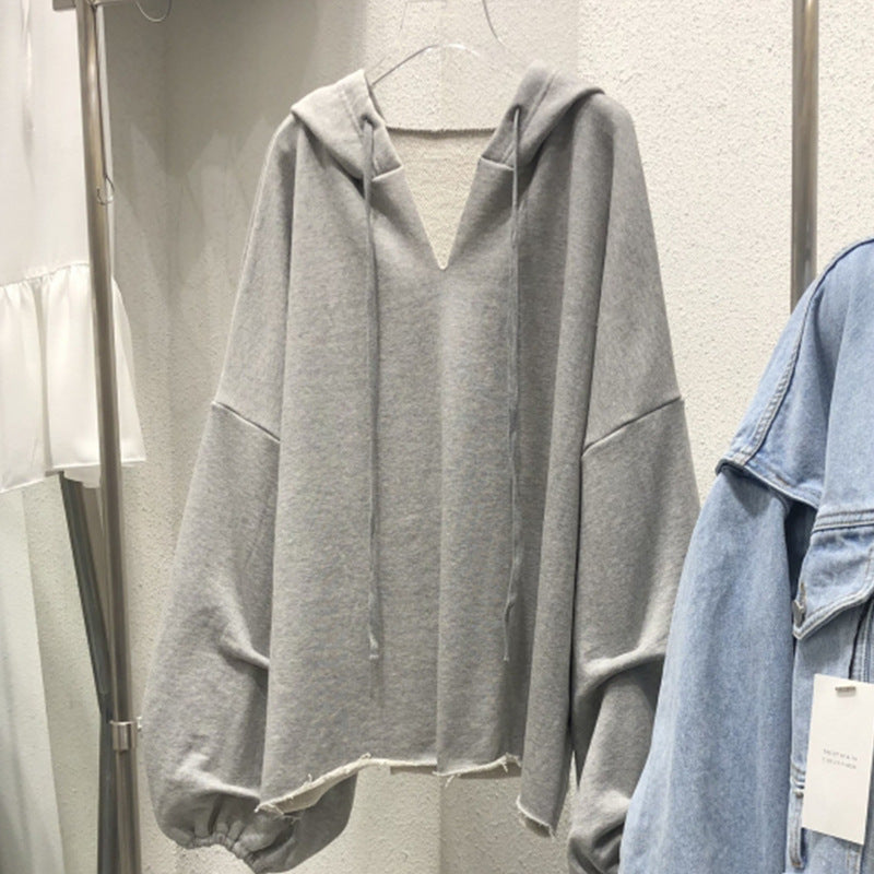 【KA-5559】棉衛衣女連帽春秋新款薄款寬鬆韓版純色V領學生上衣女裝一件代發