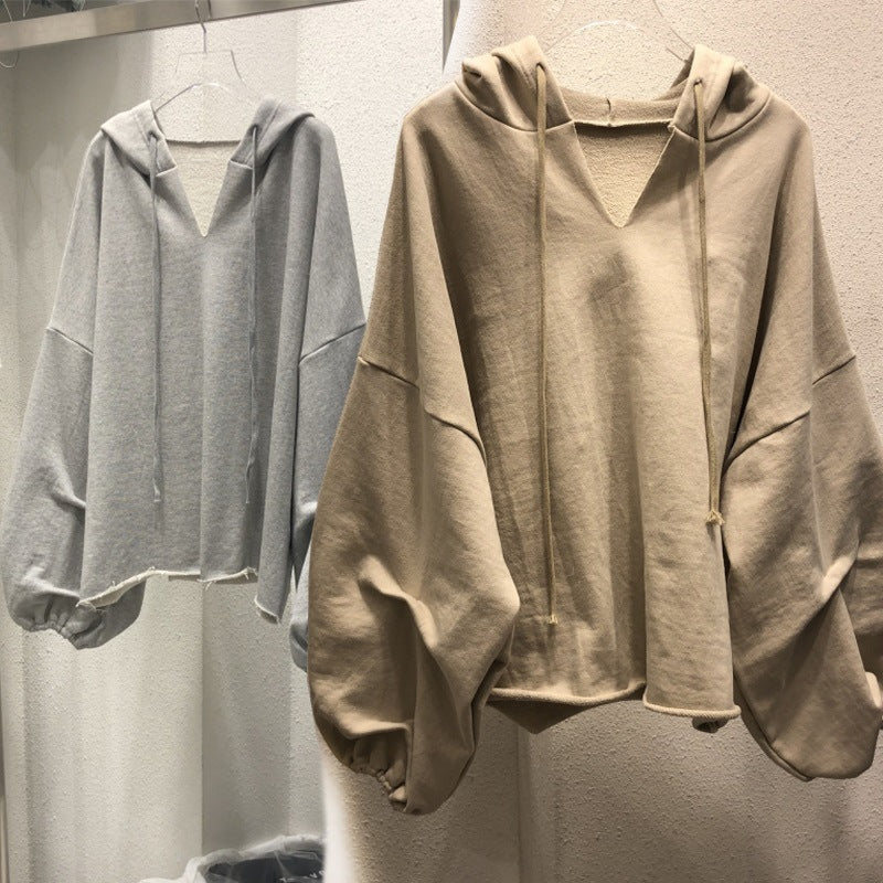 【KA-5559】棉衛衣女連帽春秋新款薄款寬鬆韓版純色V領學生上衣女裝一件代發