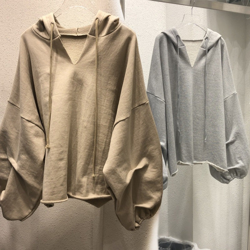【KA-5559】棉衛衣女連帽春秋新款薄款寬鬆韓版純色V領學生上衣女裝一件代發