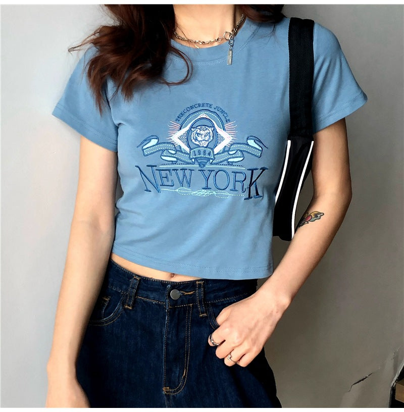 KA-031505 短袖t卹女2023夏季新款韓版網紅超火泫雅風短款刺繡學生修身上衣