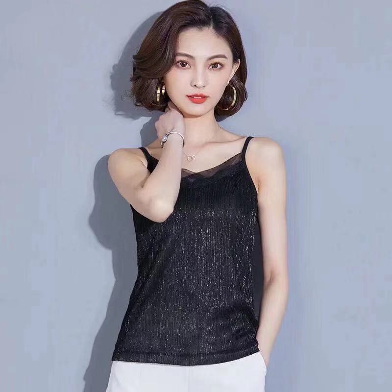 KA-031503 夏裝新款背心吊帶女性感亮絲網紗內搭上衣短款打底V領小衫潮