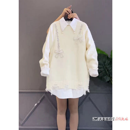 【FA-8941】單件/大碼女裝冬季新款韓版寬鬆顯瘦遮肉上衣拼接襯衫毛衣