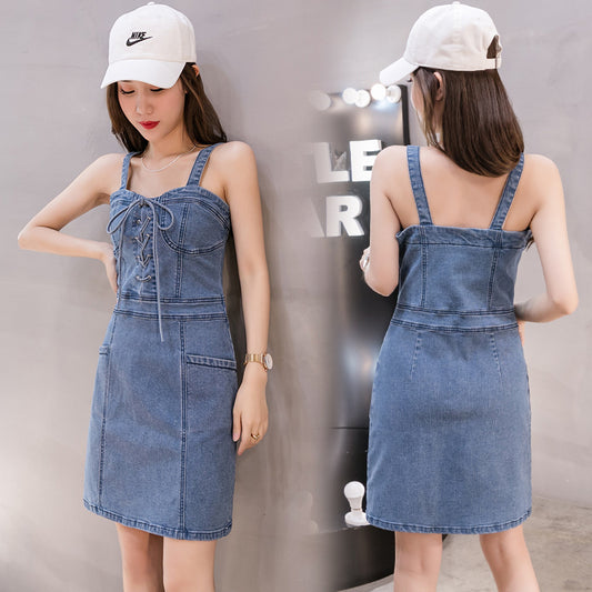 IY63709  胖mmS-5XL大碼牛仔背帶裙女吊帶連衣裙繫帶2023春新款彈力牛仔裙 6072