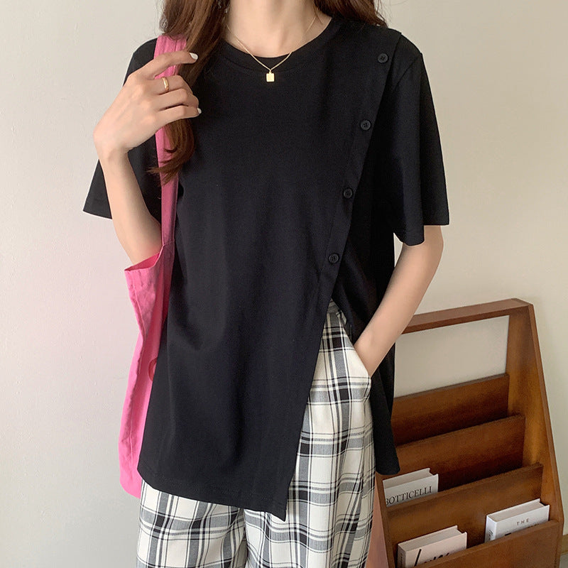 【HAF-121002】純棉排扣短袖T卹女夏季設計感小眾中長款開叉純色打底衫上衣