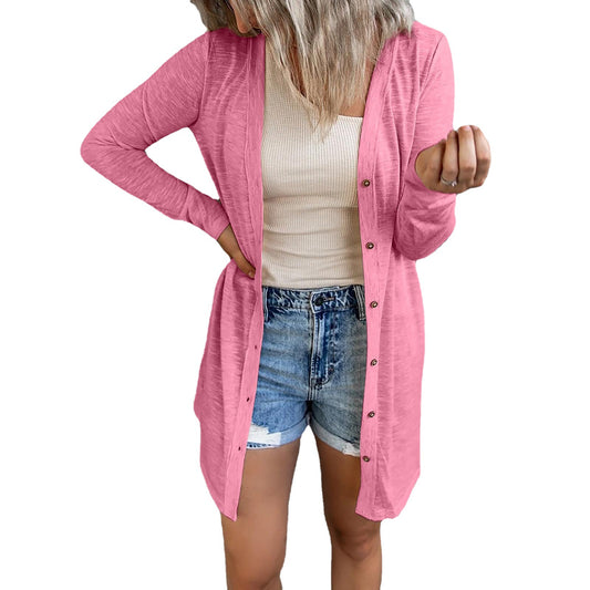 【WA-012608】歐美跨境秋冬新款女裝長款鈕扣純色休閒長袖開衫女