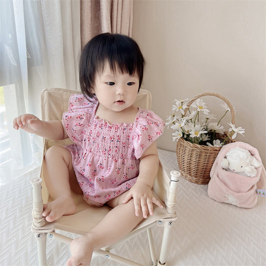 060614AY  韓版夏季新品嬰兒可愛女寶寶飛飛短袖三角爬服幼兒碎花連身衣