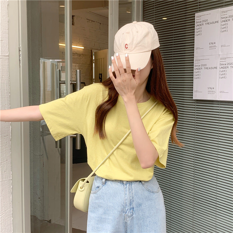 【HAF-121005】夏季新款韓版糖果色簡約純色開叉短袖t卹女圓領上衣