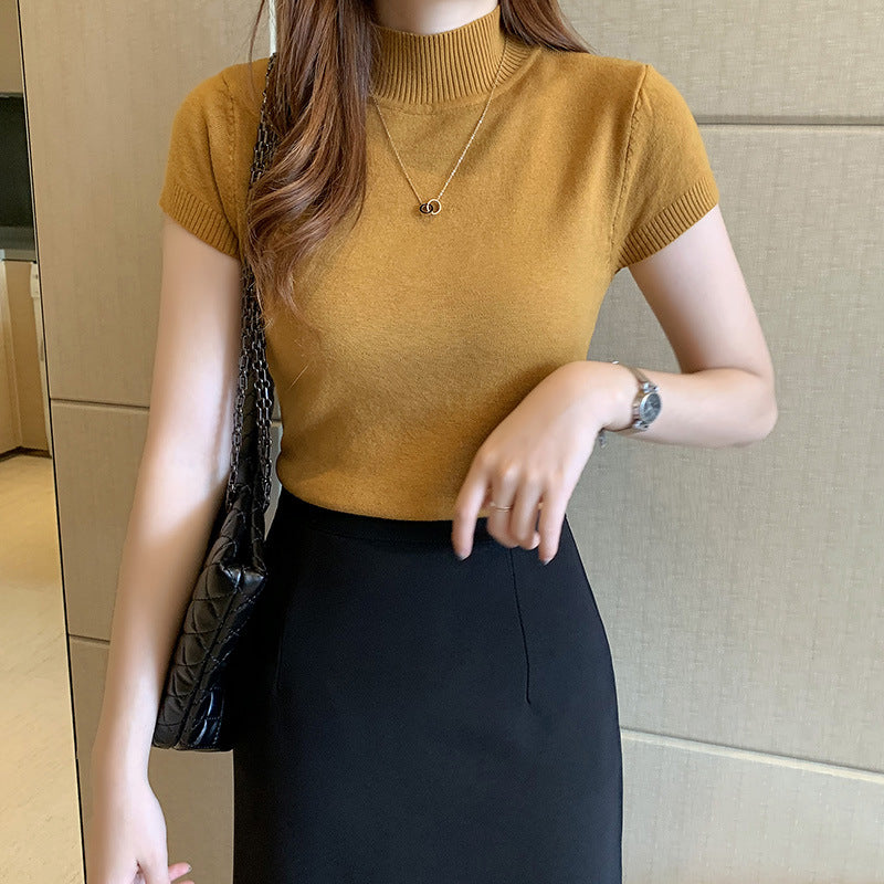 【LA-021101】半高領半袖針織衫女2023春夏新款打底衫毛衣修身短款背心上衣外穿