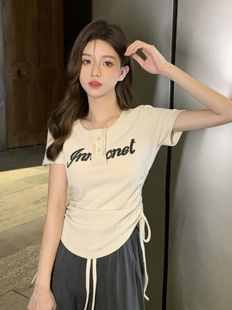 【KA-357】辣妹抽繩短袖正肩T卹女裝夏季2022新款純欲風修身短款設計感上衣