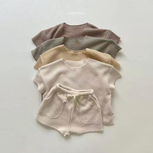 30047BS 韓版童裝嬰幼童裝時尚休閒短袖家居套裝寬鬆慵懶風針織運動兩件套 2452