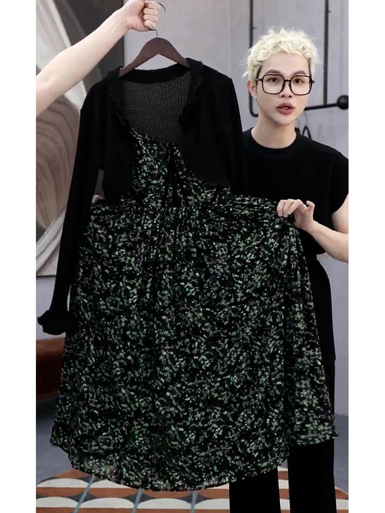 【FY-9428】單件/早秋法式高級感淑女碎花吊帶連衣裙搭配長袖開衫禦姐輕熟風