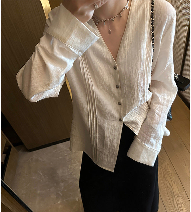【BA-022609】2023巴黎週末紋理褶皺腰帶襯衫女早春法式v領設計感襯衣