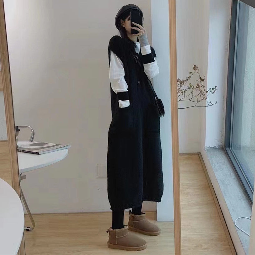 【AY-103132】小個子馬甲毛連衣裙2022年新款秋冬寬鬆冷淡風連衣裙女裝