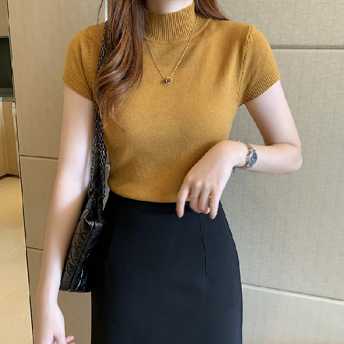 【LA-021101】半高領半袖針織衫女2023春夏新款打底衫毛衣修身短款背心上衣外穿
