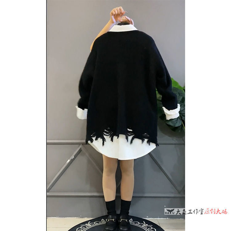 【FA-8941】單件/大碼女裝冬季新款韓版寬鬆顯瘦遮肉上衣拼接襯衫毛衣