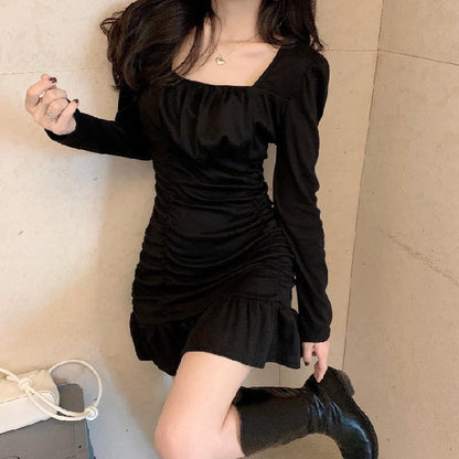 【JY-8823】跨境女裝連衣裙女甜美法式方領內搭打底短裙2022秋冬新款氣質裙子