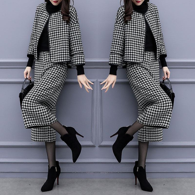 【AS-112339】2022新款女裝秋冬兩件套褲千鳥格短外套闊腿褲休閒時尚套裝女大碼