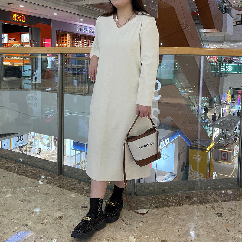 GY79605-大碼女裝批發遮肚藏肉裙子春裝加絨微胖女生氣質連衣裙7982