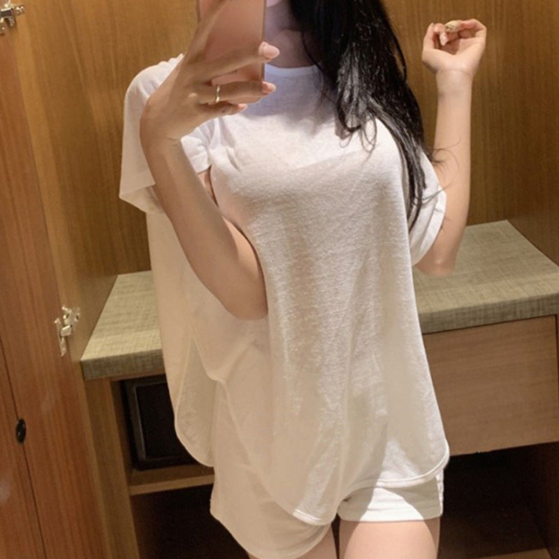 【EA-172799】韓國東大門新款性感純欲露背微透弧形下擺寬鬆顯瘦短袖T恤上衣女