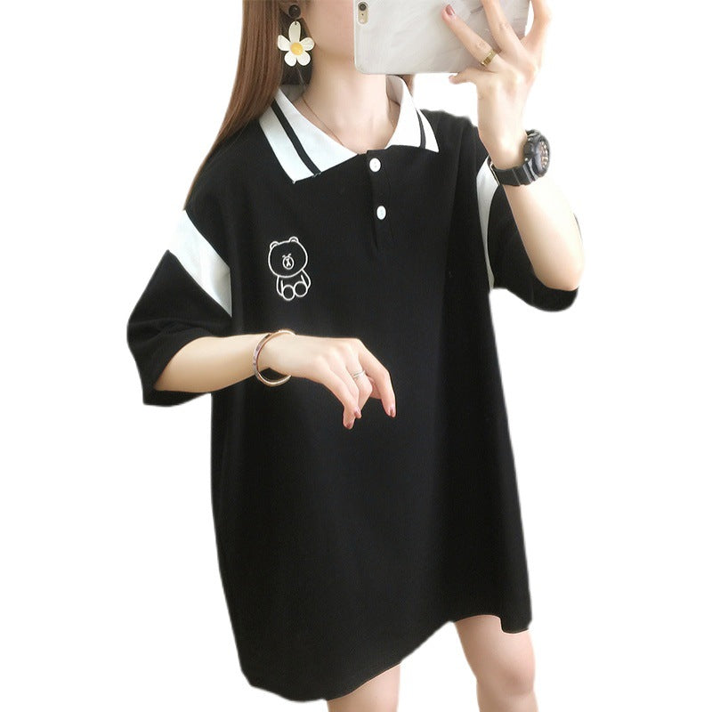【DA-RH5009】夏季新款撞色短袖t卹女韓版卡通刺繡翻領上衣潮時尚女裝跨境