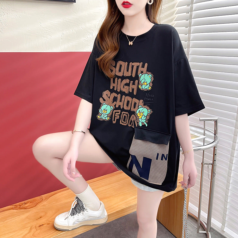【DA-RH5030】新款夏季韓版寬鬆中長款設計感口袋短袖t卹女裝一件代發