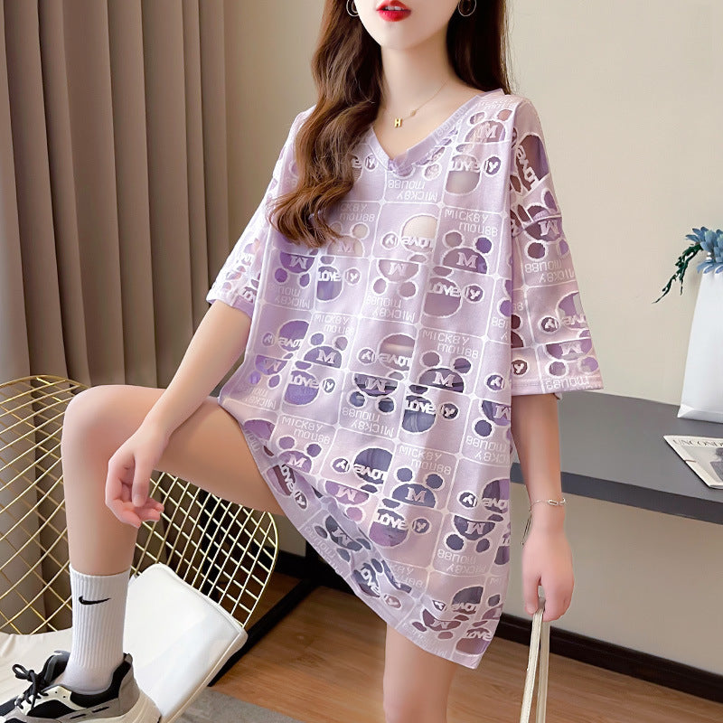 【DA-A5021】跨境新款夏季網紅短袖t卹女韓版鏤空V領上衣中長款大碼女裝潮