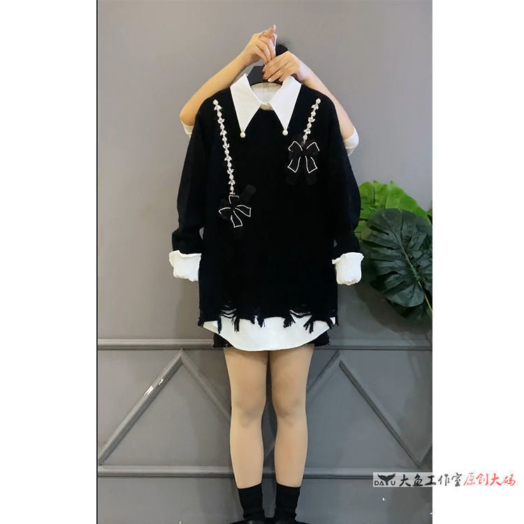 【FA-8941】單件/大碼女裝冬季新款韓版寬鬆顯瘦遮肉上衣拼接襯衫毛衣