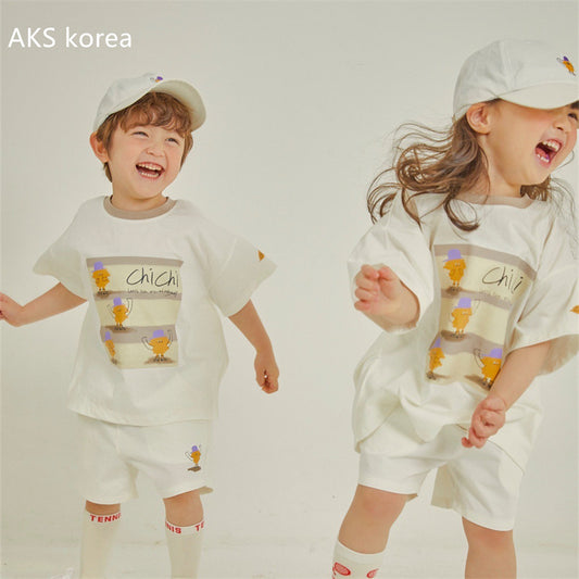 34037AS 韓版童裝2023夏兒童套裝男女童寶寶時尚繪畫塗鴉卡通短袖T卹 短褲 2452