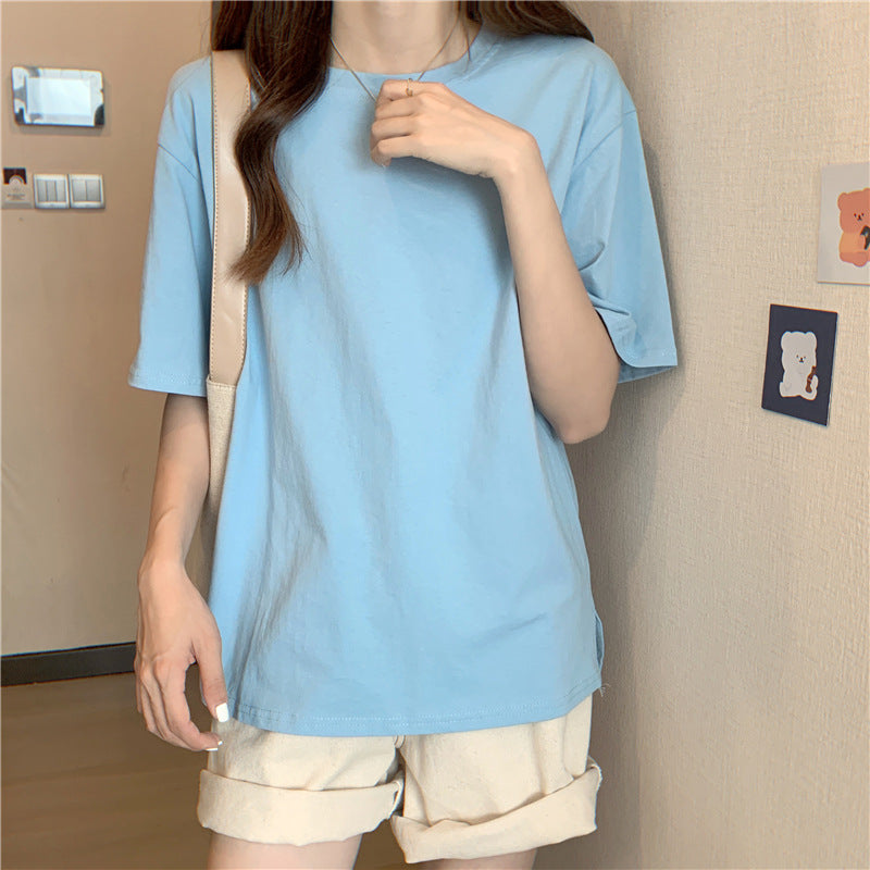 【HAF-121005】夏季新款韓版糖果色簡約純色開叉短袖t卹女圓領上衣