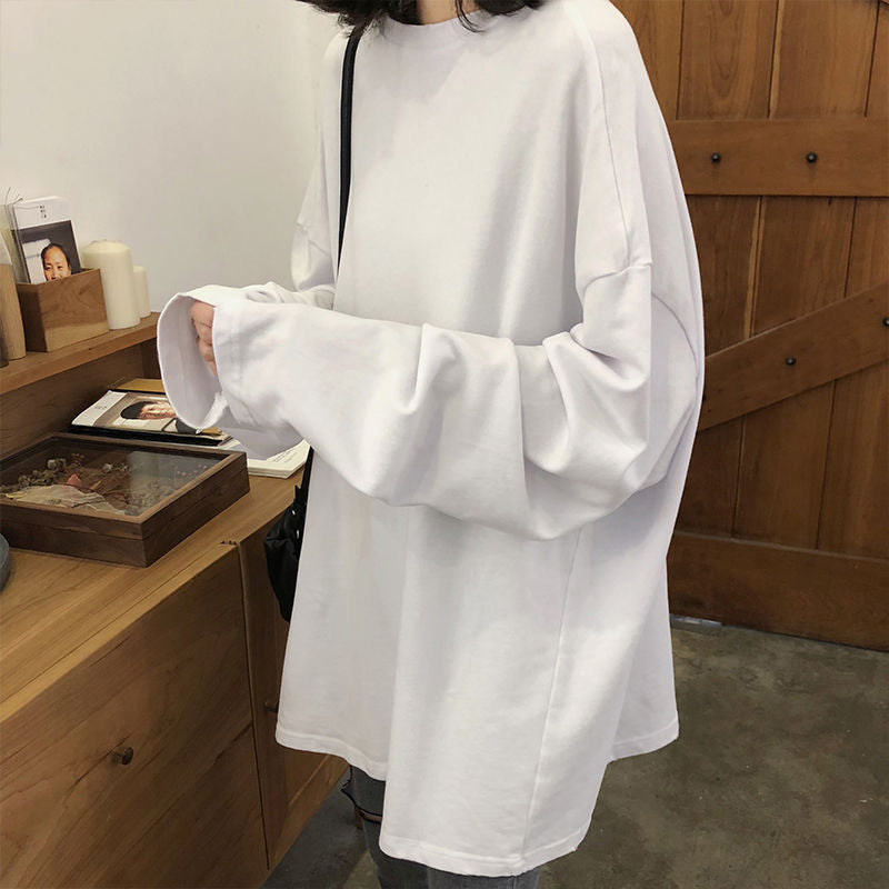 【KA-208】長袖T卹女秋冬內搭白色打底衫韓版慵懶風寬鬆百搭中長款上衣