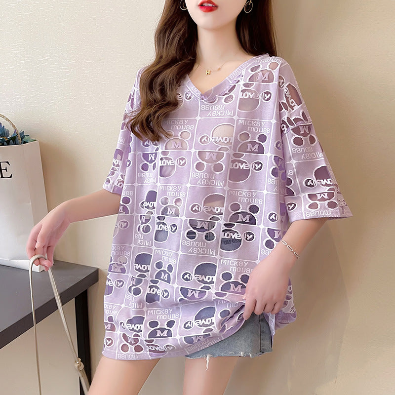 【DA-A5021】跨境新款夏季網紅短袖t卹女韓版鏤空V領上衣中長款大碼女裝潮