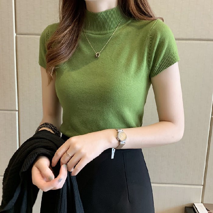 【LA-021101】半高領半袖針織衫女2023春夏新款打底衫毛衣修身短款背心上衣外穿