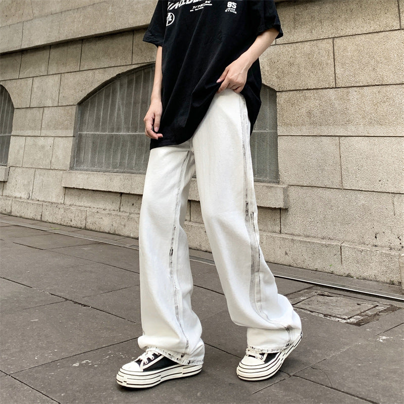 【HB-030656】2023春秋新款韓版手工塗鴉拖地牛仔褲男女高腰直筒寬鬆闊腿長褲子