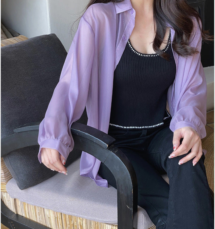 【BA-232630】2023長袖防曬襯衫女夏新款寬鬆設計感小眾上衣黃黑皮顯白