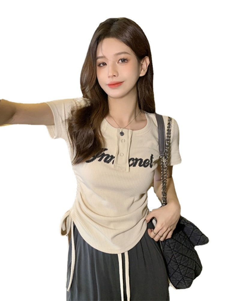 【KA-357】辣妹抽繩短袖正肩T卹女裝夏季2022新款純欲風修身短款設計感上衣